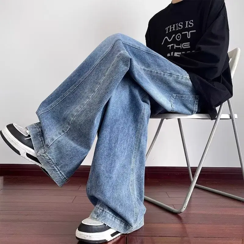 

American Retro Washed Deconstructed Straight Leg Loose Men's Jeans High Street Fashion Brand Wide Leg Long Trousers
