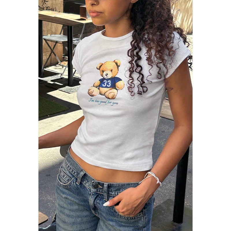 Cute Bear Print Short Sleeve T-shirt O Neck Casual Crop Top For Summer Women Fashion Kawaii Multi-style Cropped Sleeveless Sling