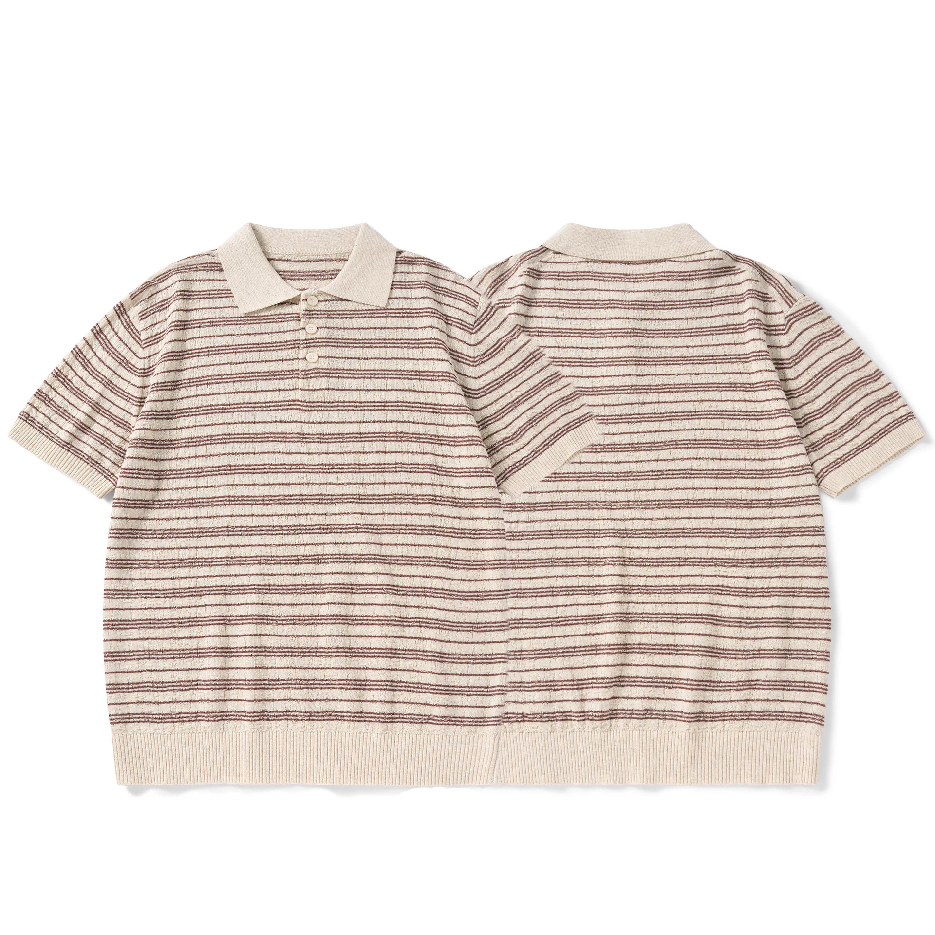 Linen Blend Summer Vintage Style Striped Short Sleeved Polo Shirt Loose Knit Sweater Couple Half