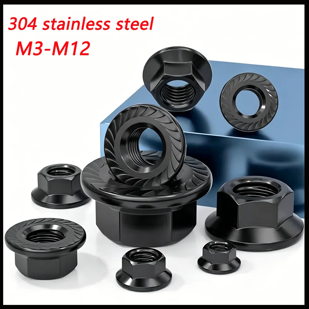 1/20PCS Black Plated 304 Stainless Steel DIN6923 Serrated Flange Lock Nuts, Hex Spinlock Nuts M2.5-M12