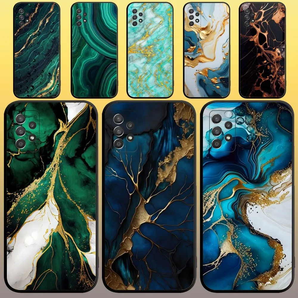 Gold Indigo Faux Malachite Phone Case for SamsungA 91,80,73,72,71,70,53,52,51,42,41,40,32,31,30,22,21,20,13 S 4G 5G Black Case