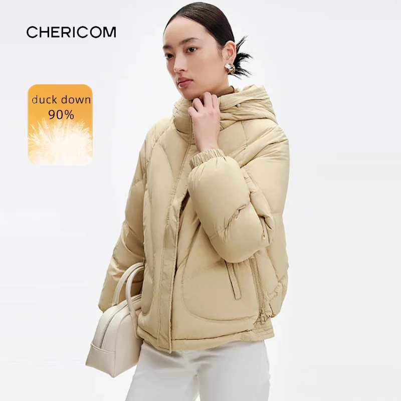 Chericom Women's Down Jacket Hood-Quilted Design Loose Fit Winter Zipper Short Puffer Jacket Female Versatile Outerwear Y289123Y