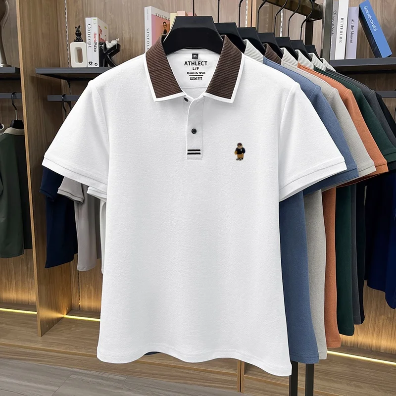 Luxuriöses 100% Baumwoll-Kurzarm-Poloshirt für Herren, neuer Trend, Marken-Cartoon-Bären-Stickerei, atmungsaktives, bequemes, lässiges Sommer-T-Shirt – Detail 11