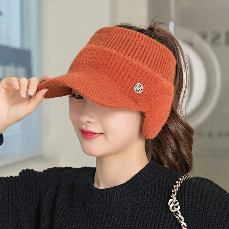 CNTANG 2024 New Autumn Winter Fashion Women\'s Knitted Fleece Hat Ladies With Earflaps Hats Empty Top Baseball Cap For Female