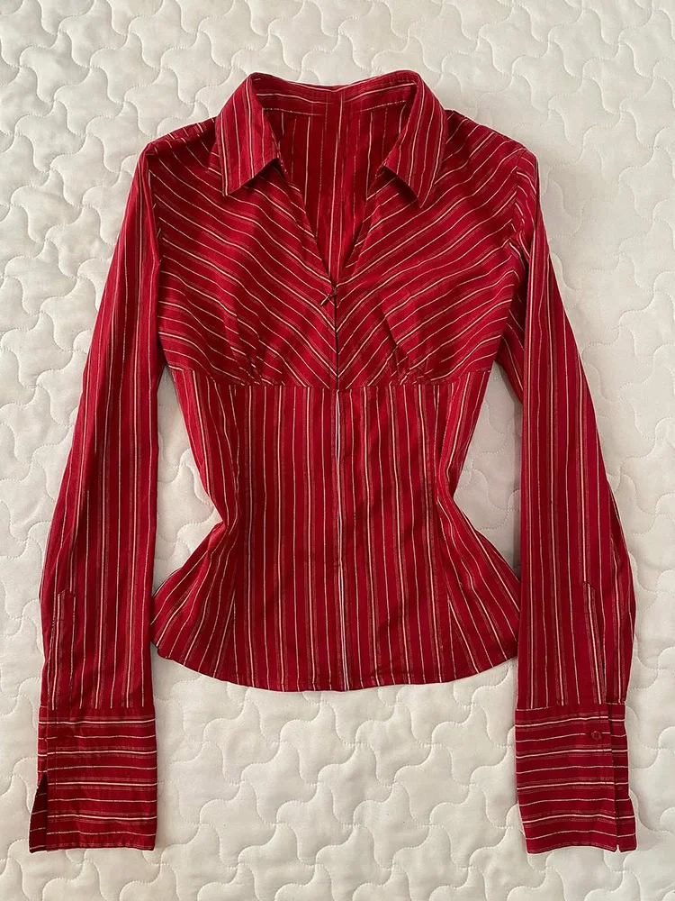 

Original Design Red Striped Women's irt Vintage Unique High-End Feeling Cotton Blend Long Sve Summer Faion for Younger...