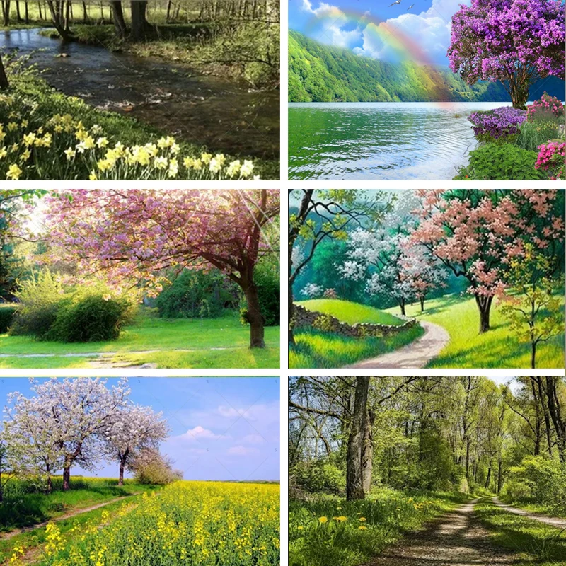 

Spring Natural Landscape Scenic Photography Backdrop Path River Lake Tree Flower Booth Props Kid Supplies Background Decoration