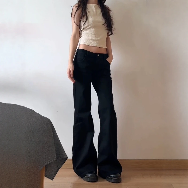 American Retro Black Spicy Girl Wide Leg Micro Flared Jeans Women Tall Loose Slimming Bell Bottom Pants Casual High Waist Zip...
