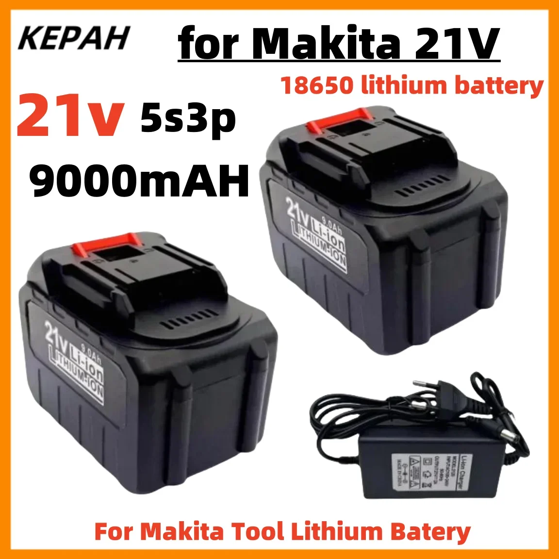 For Makita 21V Rechargeable battery, 5s3p 9Ah 18650 high-power lithium battery, electric screwdriver, drill battery and charger