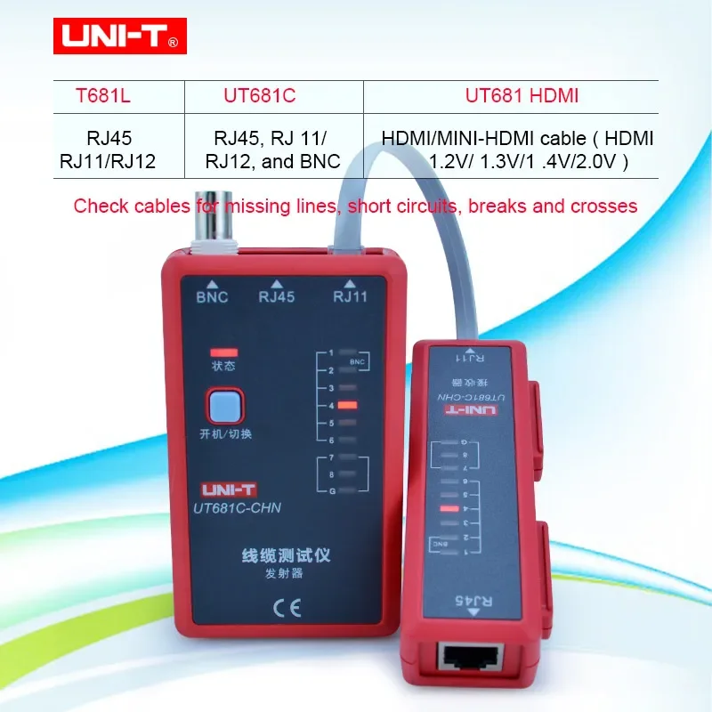 UNI-T Cable Tester Ethernet Circuit Tracker UT681L RJ45 RJ11 LED Status Display BNC Repair Tool