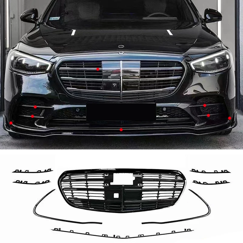 Black Front Radiator Grille Grill Bumper Chrome Trim For Mercedes Benz S Class W223 S450L S500L S580L S350d For AMG Line