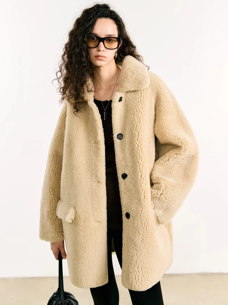 

High-end Luxury Natural Lamb Fur Plush Jackets for Women Simple Loose Mid-length Winter Genuine Leather Real Fur Shearling Coat