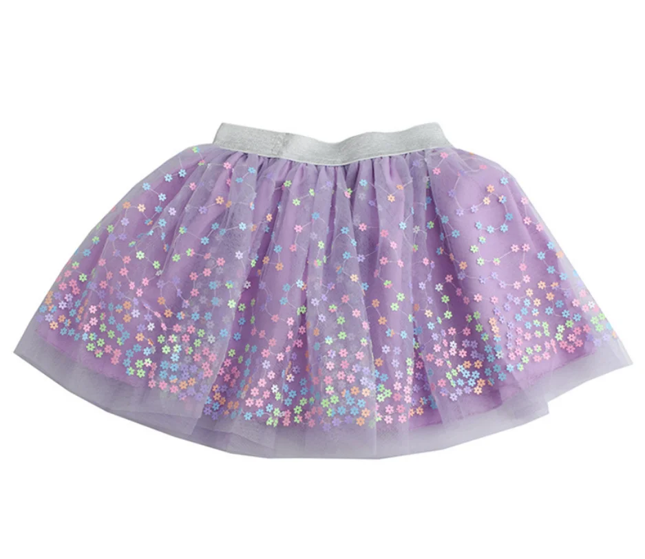 Eternal Garden Violet Girls Flower Sequin Pleated Princess Tutu Skirts Short Pants Under Children Dance Elastic Waist Skirt Mini