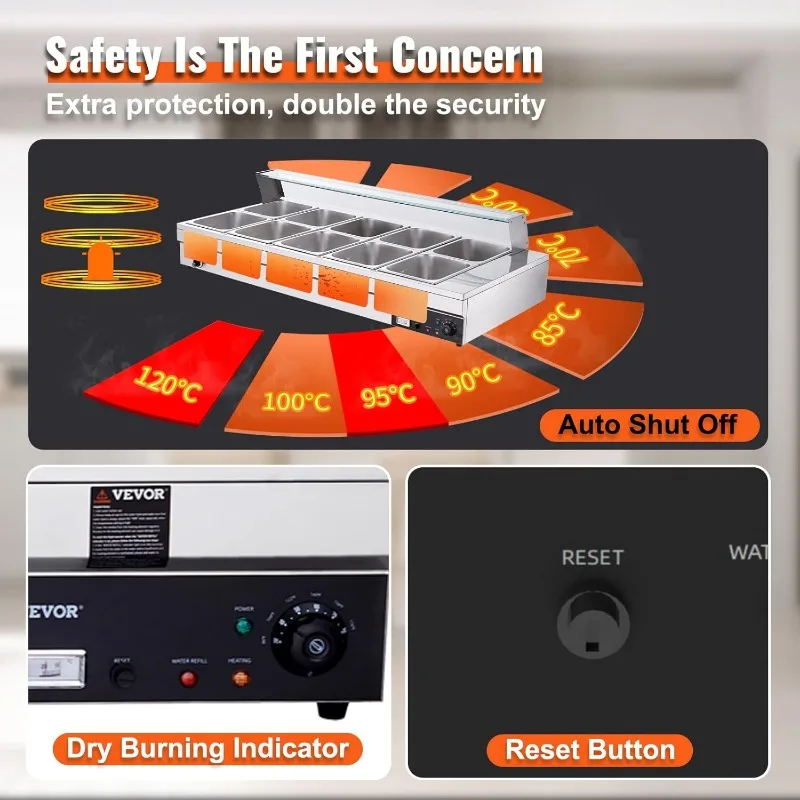 VEVOR Calentador de alimentos comercial de 10 paneles, mesa de vapor eléctrica de 10 x 12 cuartos con cubierta de vidrio templado, 1800 W