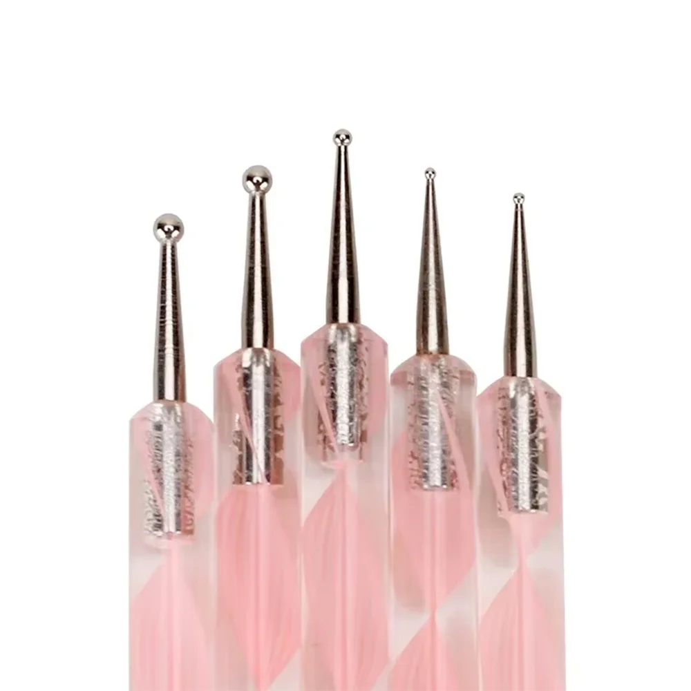 5Pcs/Set Silicone Point Flower Nail Pen 2 Way Nail Art Acrylic  Stainless Steel Dotting Tools Marbleizing Painting Pens