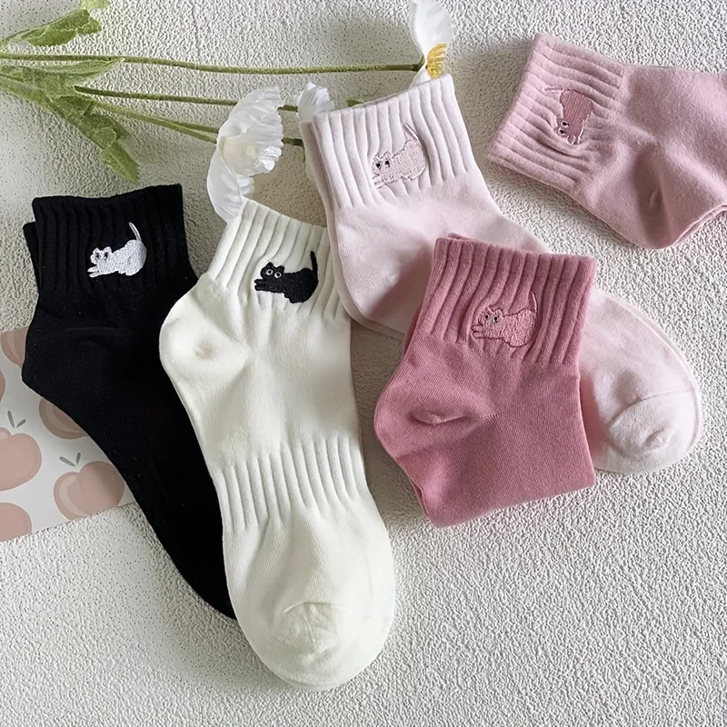 5 أزواج من جوارب القطط المطرزة للأطفال - تصميم على طراز الكلية، متعددة الاستخدامات للمناسبات القصيرة #4