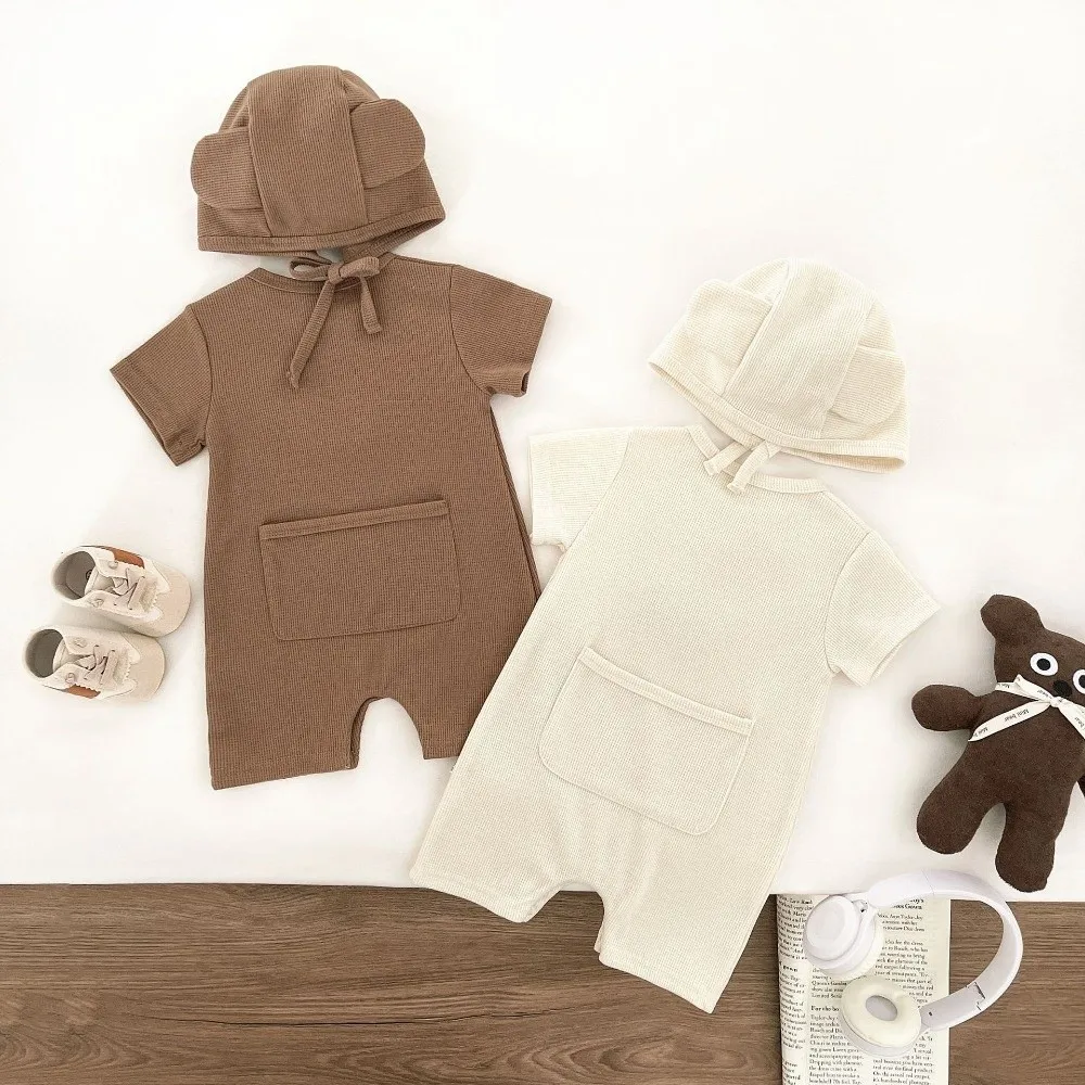 

Short Sleeve Baby Romper Pure Cotton Cute Bear Design Cartoon Bear Bodysuit Soft Fabric Waffle Texture Waffle Patch Jumpsuit