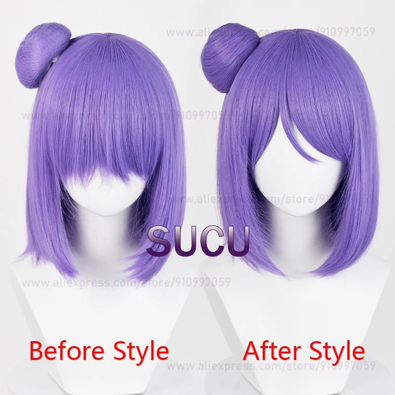 Peruca Cosplay Anime Konan para mulheres, cabelo curto roxo com coque, resistente ao calor, perucas sintéticas, 34cm