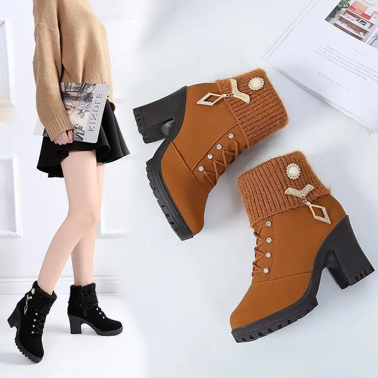 New Women Boots Winter Outdoor Keep Warm Fur Boots Waterproof Women's Snow Boots Thick Heel with Round Head Short Boot