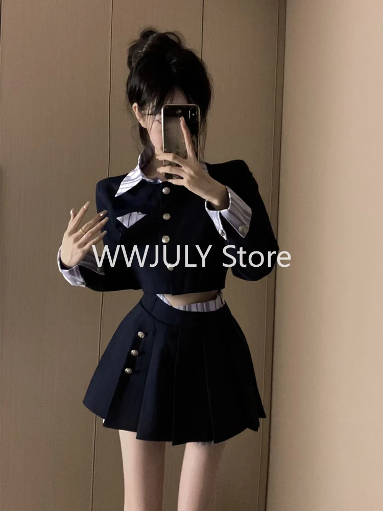 20024 New Uniform College Style Fashion Blazer Set Patchwork Elegant Crop Tops + Slim Sweet Y2k Mini Skirt Korean Suit Woman