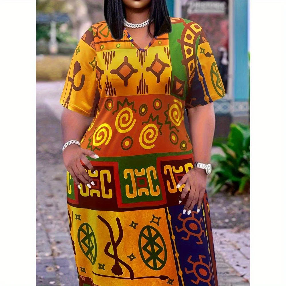 

Ethnic Tribal Print Patchwork V-neck Shift Dress