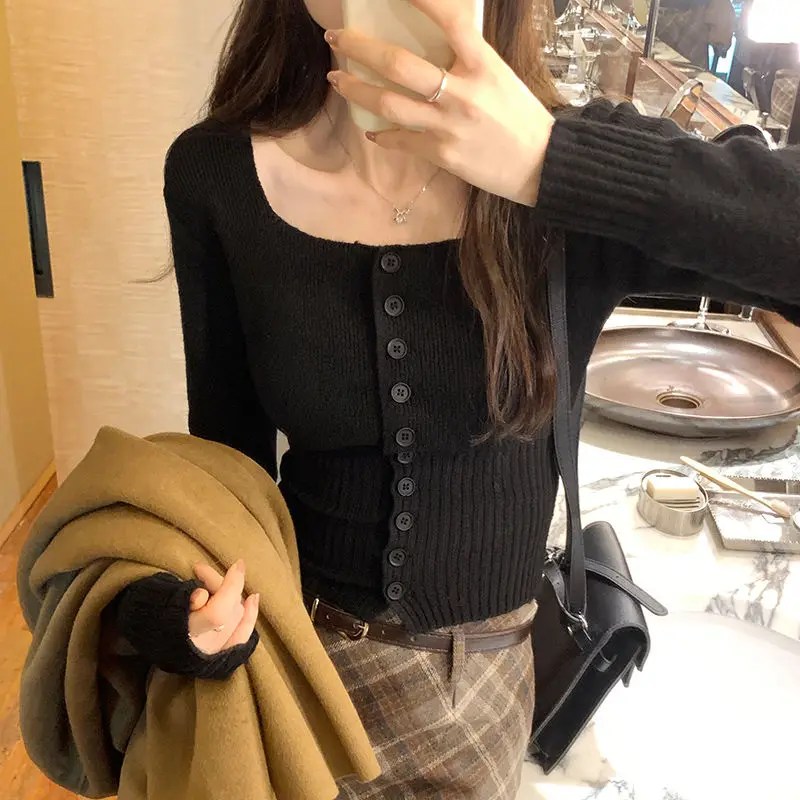 Korean Version Pure Desire Square Neck Long Sleeved Knitted Cardigan Women\'s New Style Waist Cinching Slimming Short Top