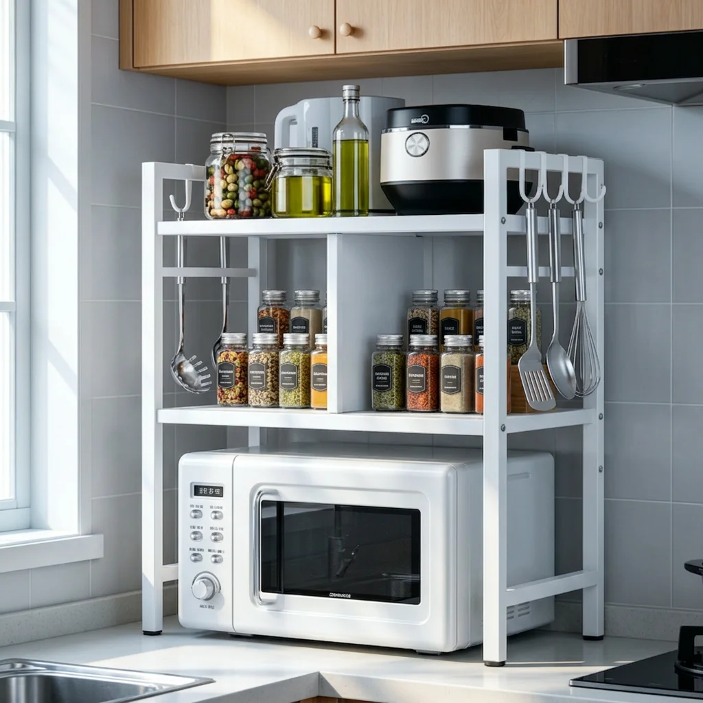 Multi‑Style Microwave Stand Combination, Heavy Duty Metal Kitchen Counter Shelving Unit with Hanging Hooks