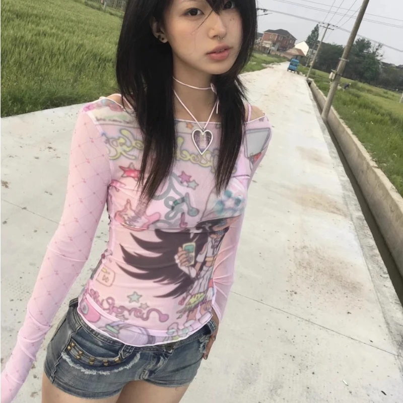 Deeptown Japanese Harajuku Y2k Mesh Tshirts Women Kawaii Pink Anime See Through Top Cutecore Streetwear Vintage Aesthetics Tees