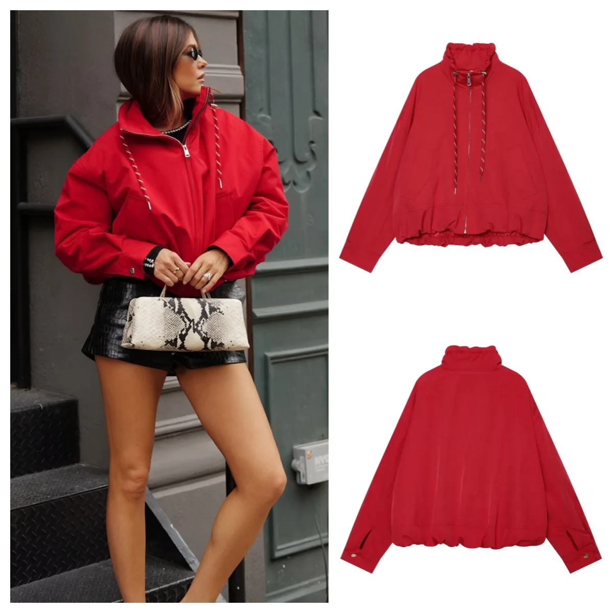 Women Loose Fit Cropped Padded Jacket Water Resistant Stand Collar Drawstring Zip Long Sleeve Warm Casual Ladies Outerwear