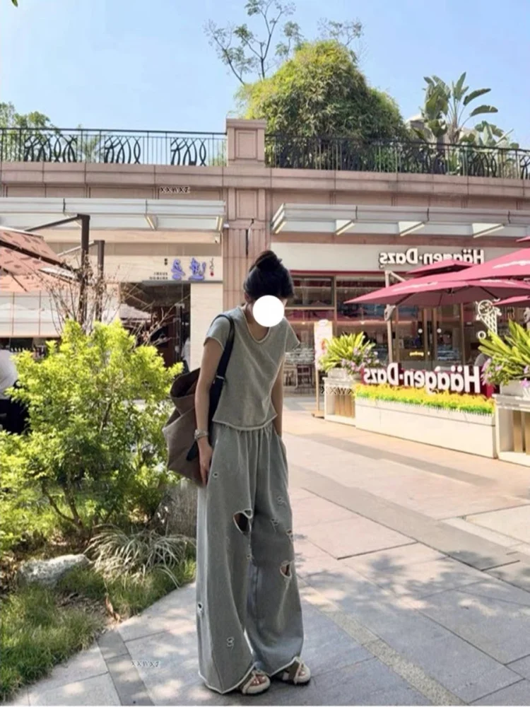Dongda Gate Summer New Hole Ripped Loop Wide Leg Pants U Neck Half Sleeve Short Sweatshirt T Shirt Two Piece Set Women's Fashion