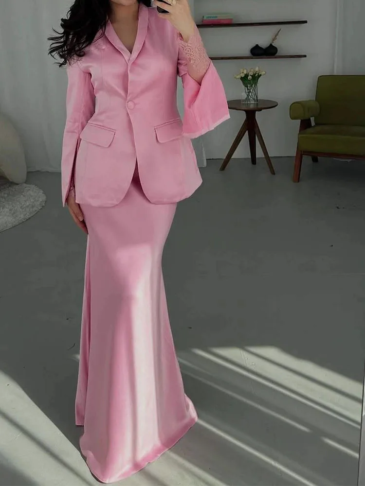 

Temperament solid color suit jacket+satin long skirt set 2025 autumn/winter new casual design slim fit set