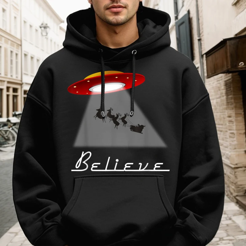 Alien Christmas Shirt Believe UFO Casual NEW YEAR DAY Crew Neck Mens Sweatshirt Printed Hoodies Retro long Sleeve Hoodies