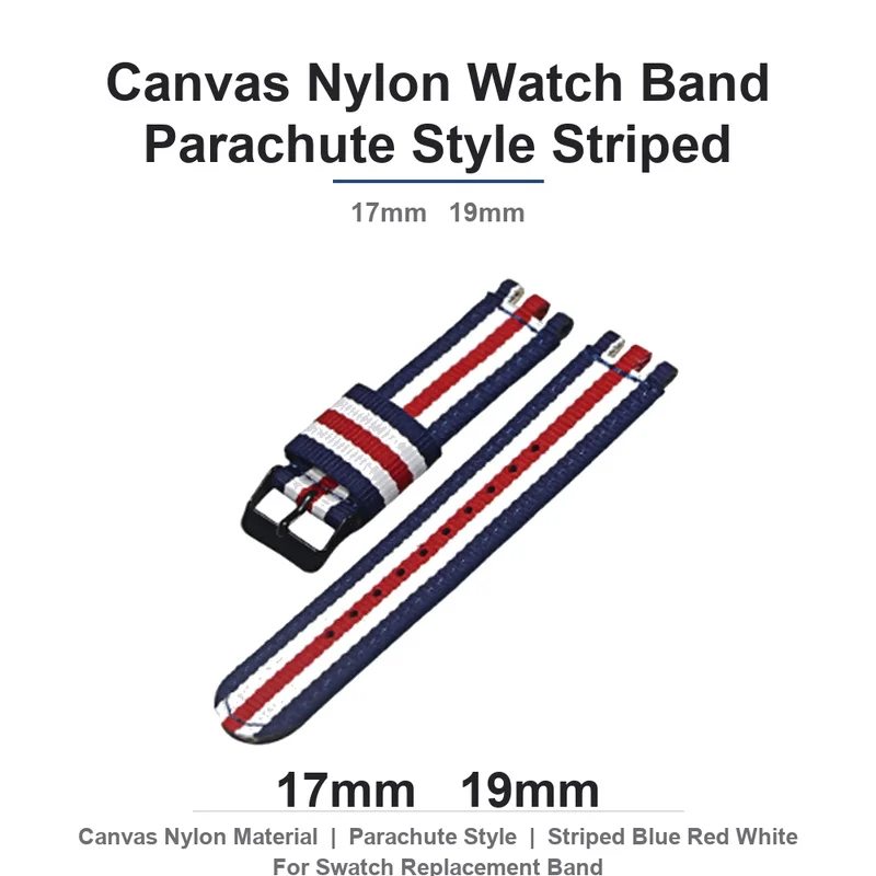 Canvas Nylon Watch Band 17mm 19mm Replacement Strap Parachute Style Buckle for Swatch Sport Watch Belt Striped Blue Red White