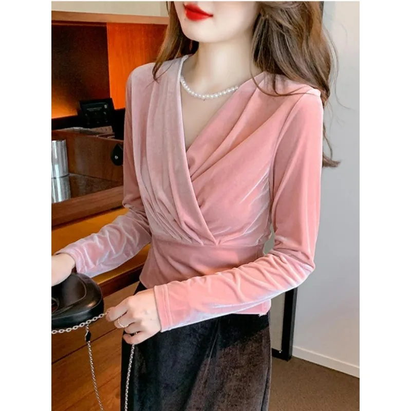 Commuter Versatile Temperament Elegant V-Neck Blouse Short Velvet Shirt Women\'s 2024 Autumn New French Style Slim Fit Top