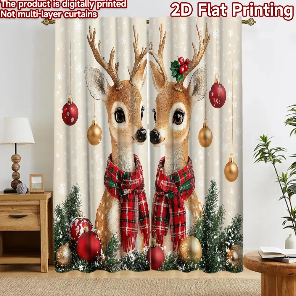 2D flat 2pcs Curtain Retro Country Style Curtains Christmas Deer Couple Digitally printed polyester Party Decorations for Indoor