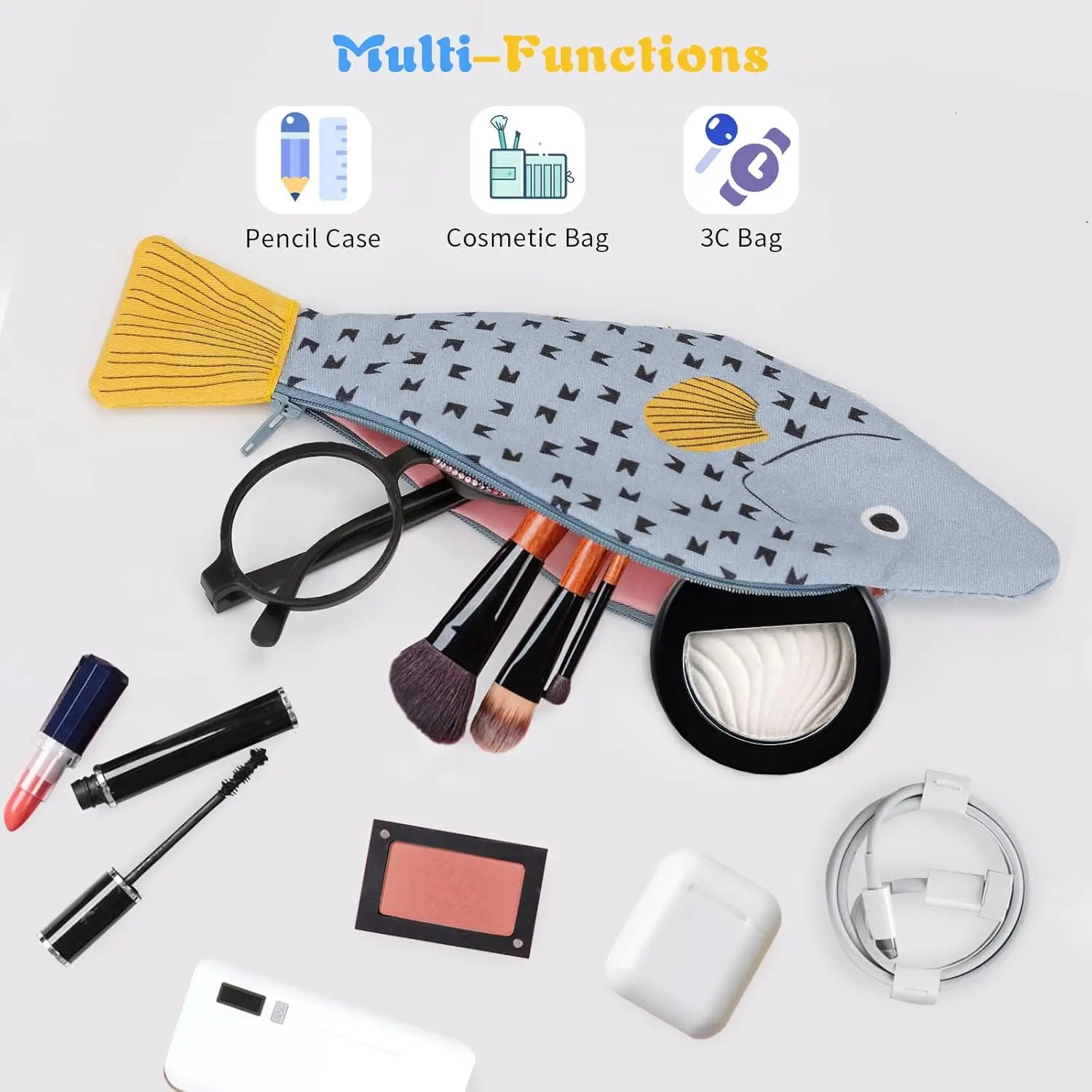 Fish Shape Novelty Pencil Case Fish Pen Bag Fish Coin Purse Funny Pencil Pouch with Simulated Fishbone Lining，Birthday Gift