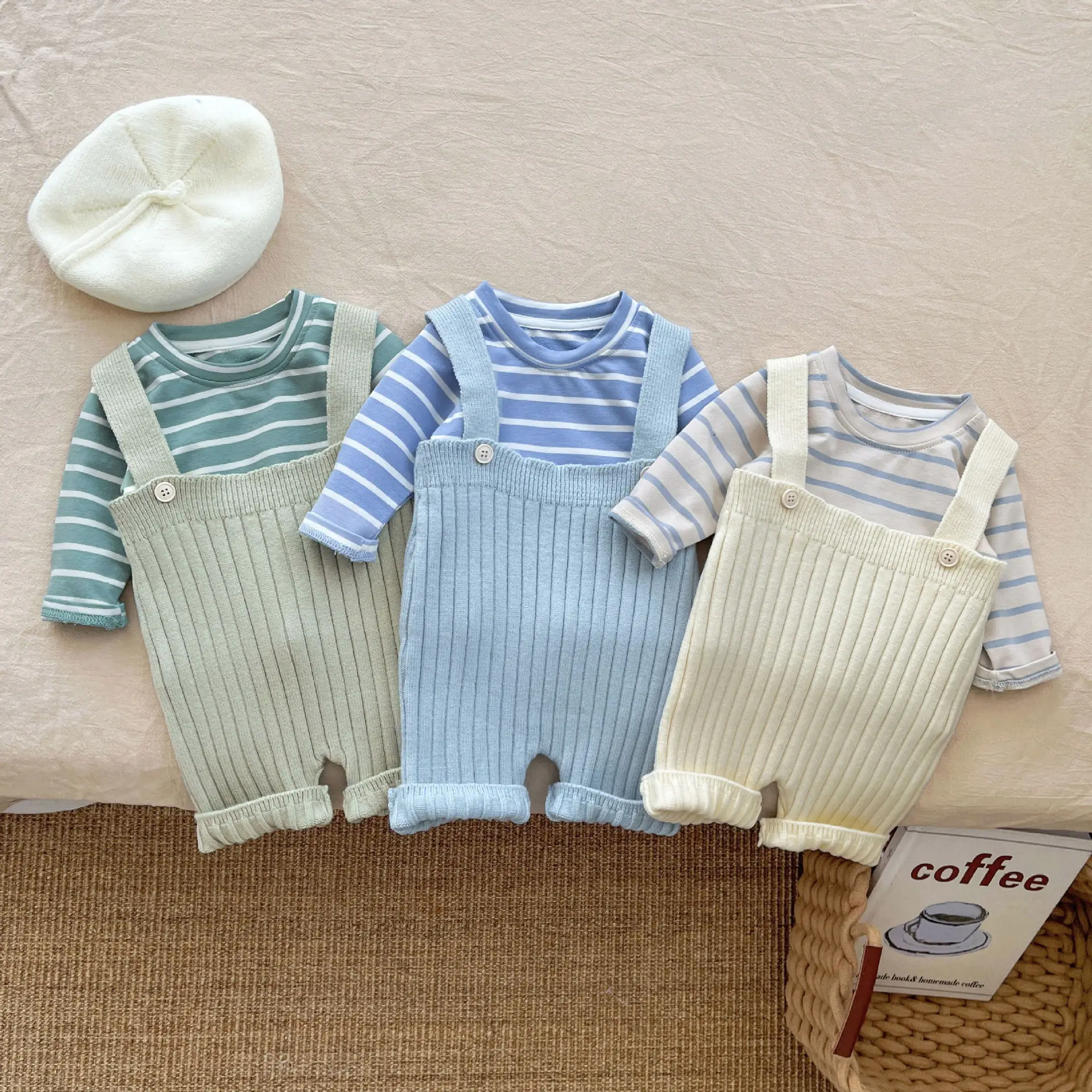 

2024 Autumn New Baby Casual Clothes Set Infant Boy Long Sleeve Striped T Shirts + Knitted Overalls 2pcs Suit Toddler Outfits