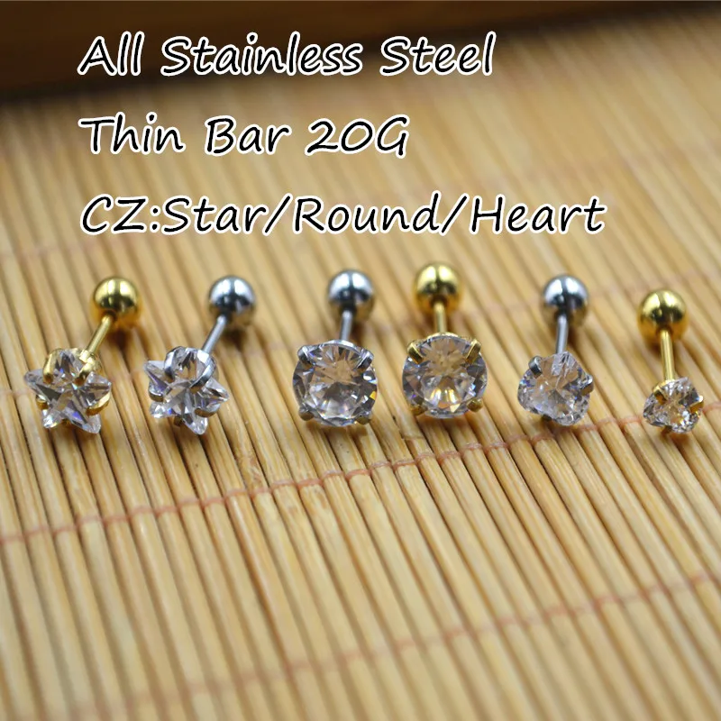 50pcs Body Jewelry Piercing - Stainless Steel Thin Bar 20G~0.8mm Heart CZ  Earring  Ear Helix Bar Cartilage Tragus Diath Studs