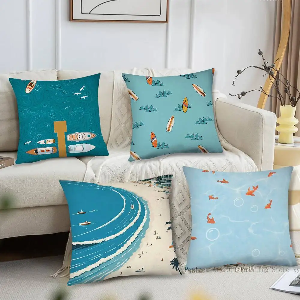Vintage Maritime Surfing Beach Pillow Case Fashion Square Pillowcase Bedroom Sofa Room Ins Decoration Leisure