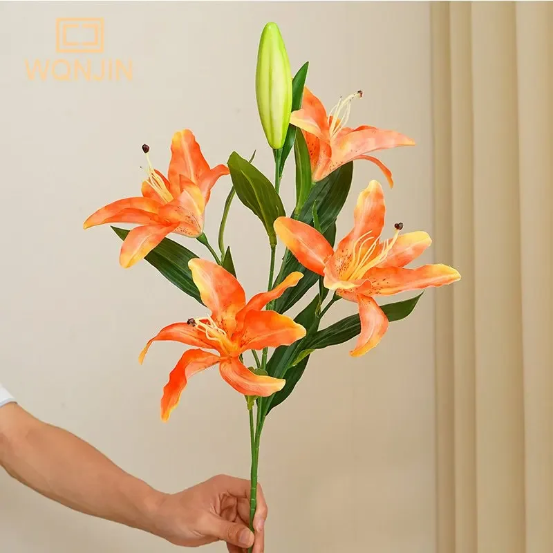 75cm Long Lily Artificial Flowers Party Wedding Bridal Bouquet Fake Plant for Living Room Table Home Garen Decoration Real Touch