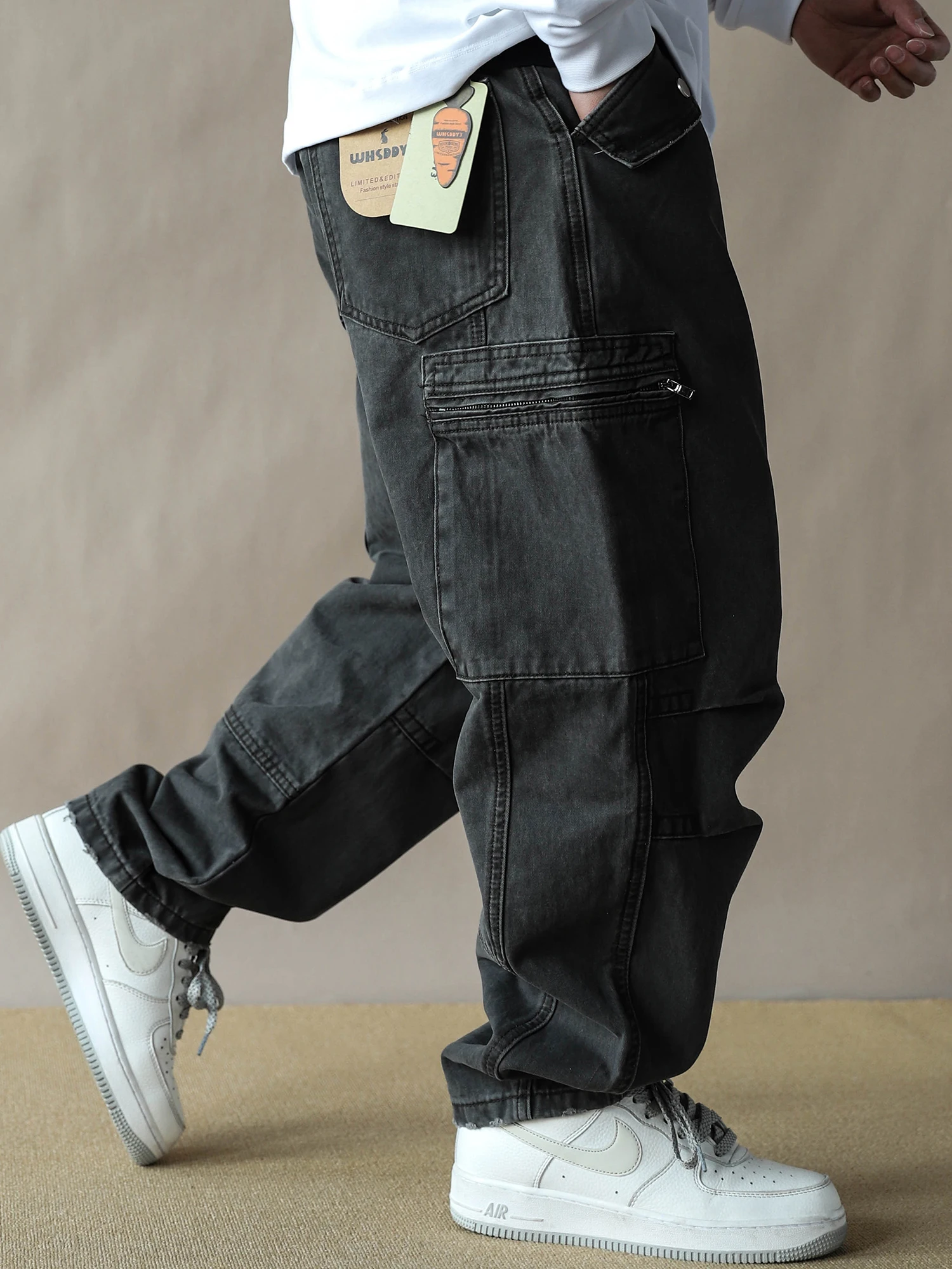 

American Workwear Style Loose Straight Leg Casual Pants for Men Deep Grey Trendy Trousers Multi-Pocket Casual Trousers