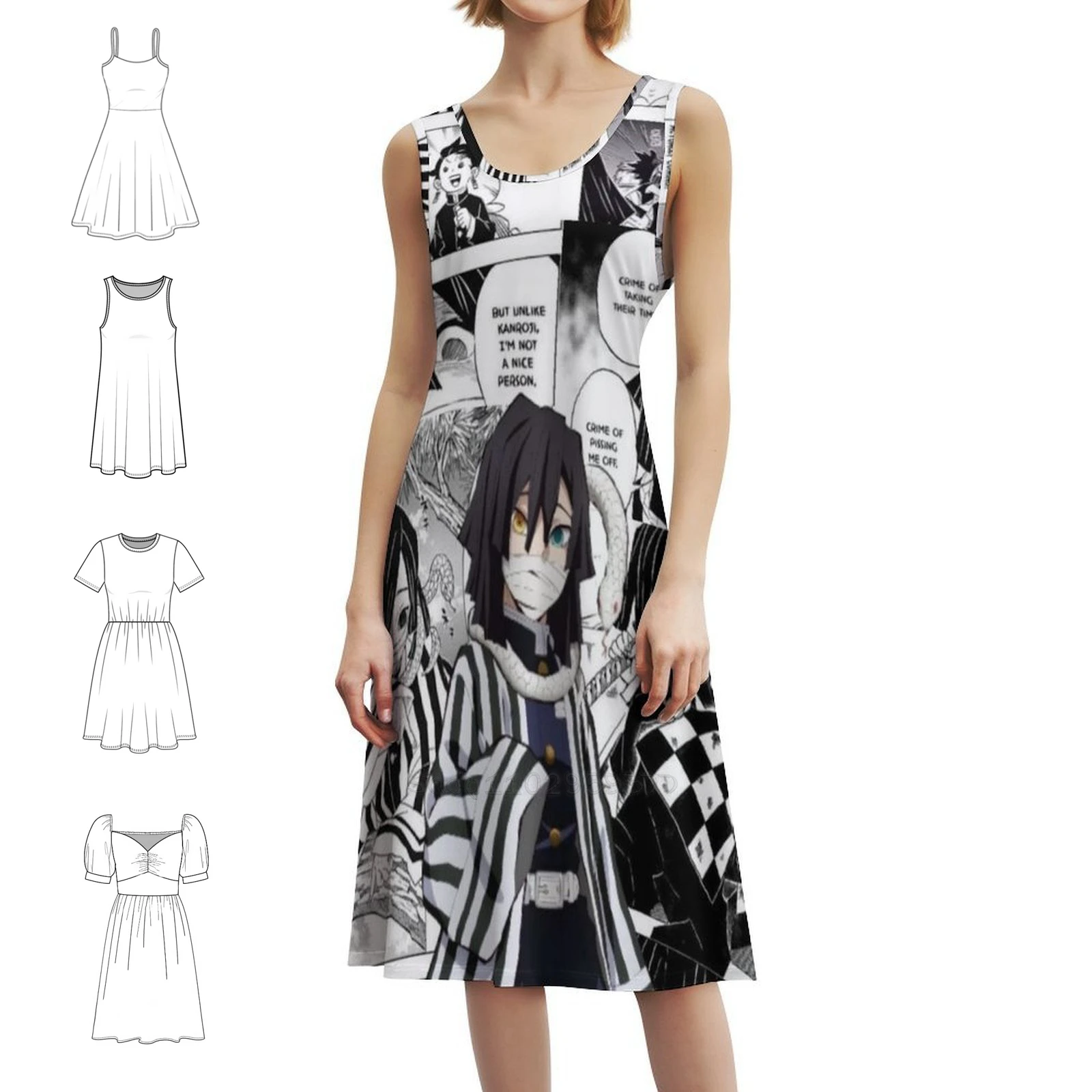 

Iguro Obanai богемное платье без рукавов для женщин, пляжные вечерние платья с принтом Douma Akaza Kokushibo Tanjiro Kamado, женская одежда