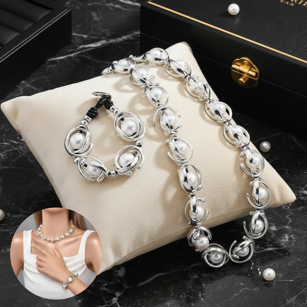 

2025 New Luxury Pearl Wrapped Cross-border Stainless Steel Light Bracelet and Necklace Set Personalized High-grade Versatile