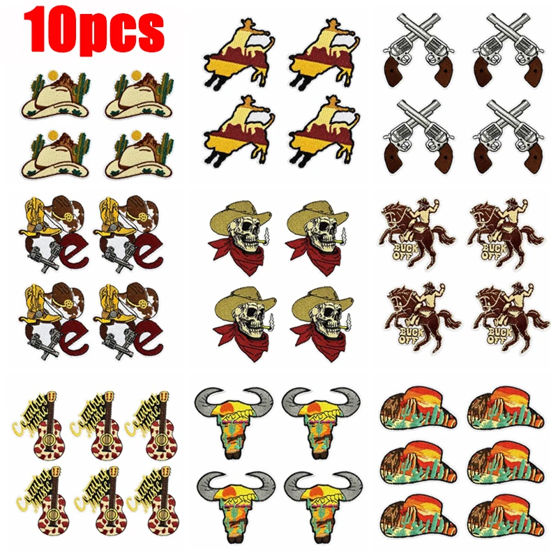 10Pcs Wholesale Brown Western Cowboy Embroidered Patches DIY Saddle Skull Iron On Patches For Clothing Sew Stickers Badges