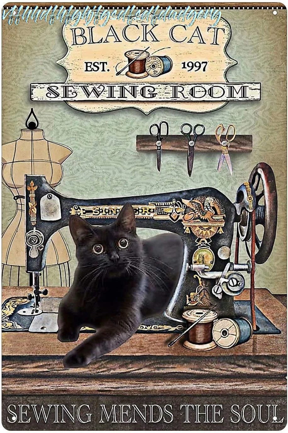 Black Cat Vintage Metal Tin Sign,Sewing Room Retro Wall Plaque Poster Cafe Bar Pub Beer Club Wall Home Decor 8x12 inch sign