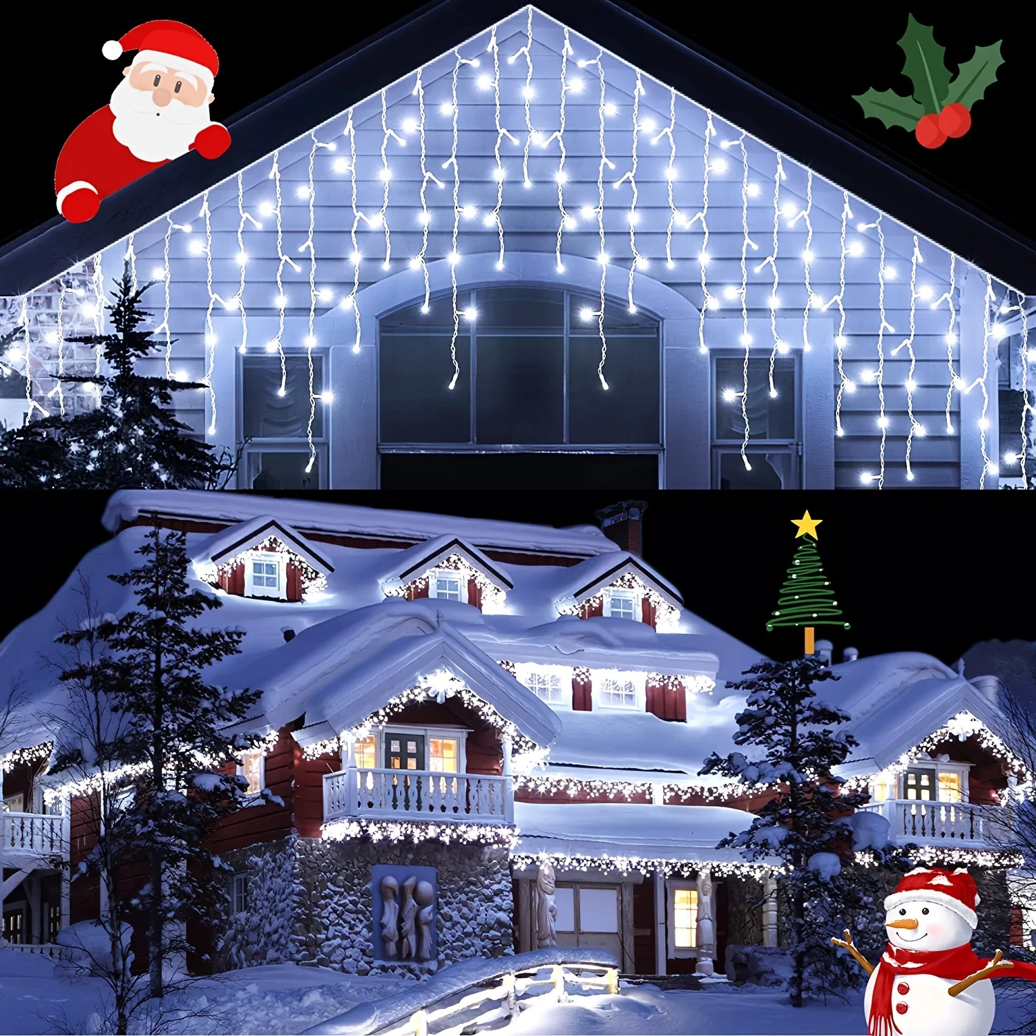 Guirxiété lumineuse LED solaire imperméable, décorations de Noël, lumières de rideau de glaçon, extérieur, nouvel an, 2024, 8 modes, 62 LED, 2024