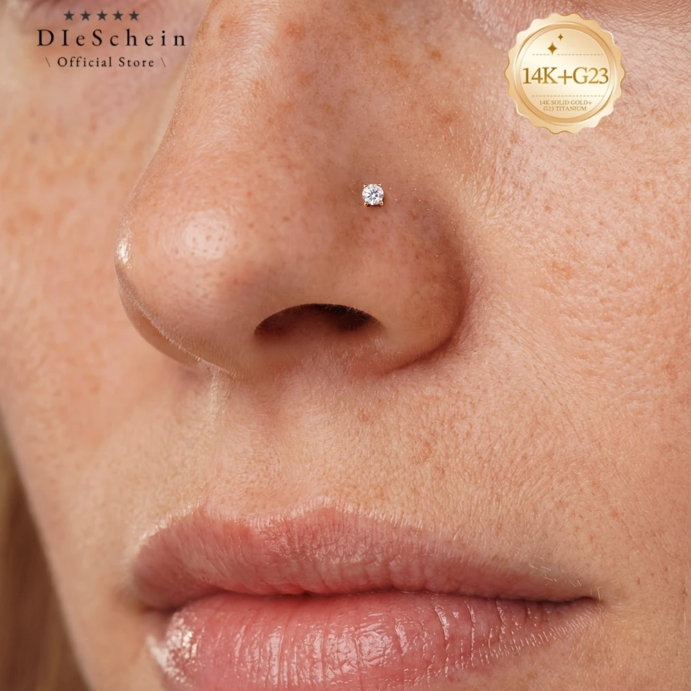 DIeSchein 14K Solid Gold Minimal Nose Stud G23 Titanium Post Hypoallergenic Tiny CZ Nostril Piercing Jewelry For Women Men