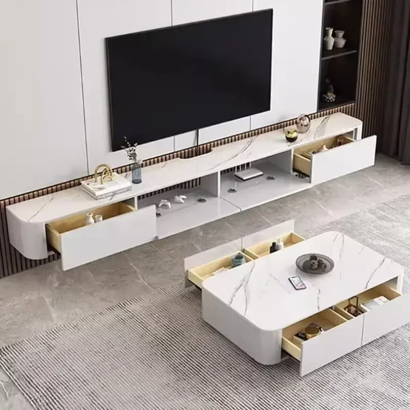 Luxury Minimalist Wall Mounted TV Cabinet with Rock Slab for Living Room Background All Solid Wood Suspended Furniture