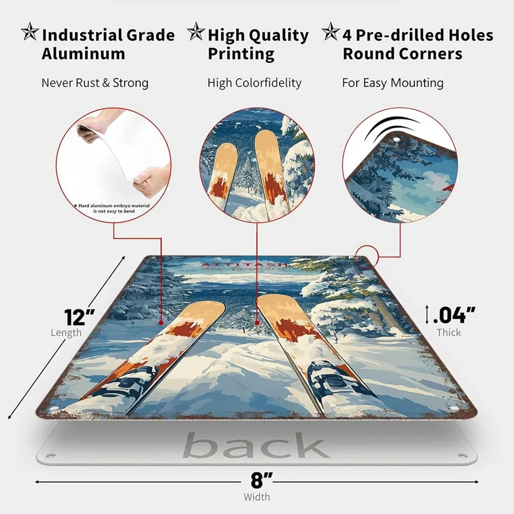 Ski Wall Decor Funny Metal Sign 8x12 Inch Attitash Resort Art for Home Bar Office