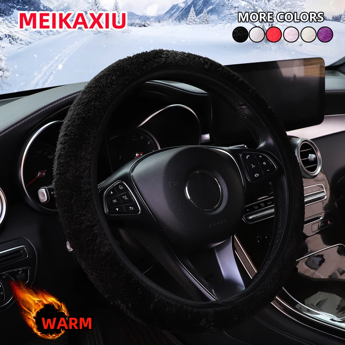 1 inverno curto pelúcia conforto mão mais quente carro sem anel interno capa de volante se encaixa 15 "suprimentos automotivos preto