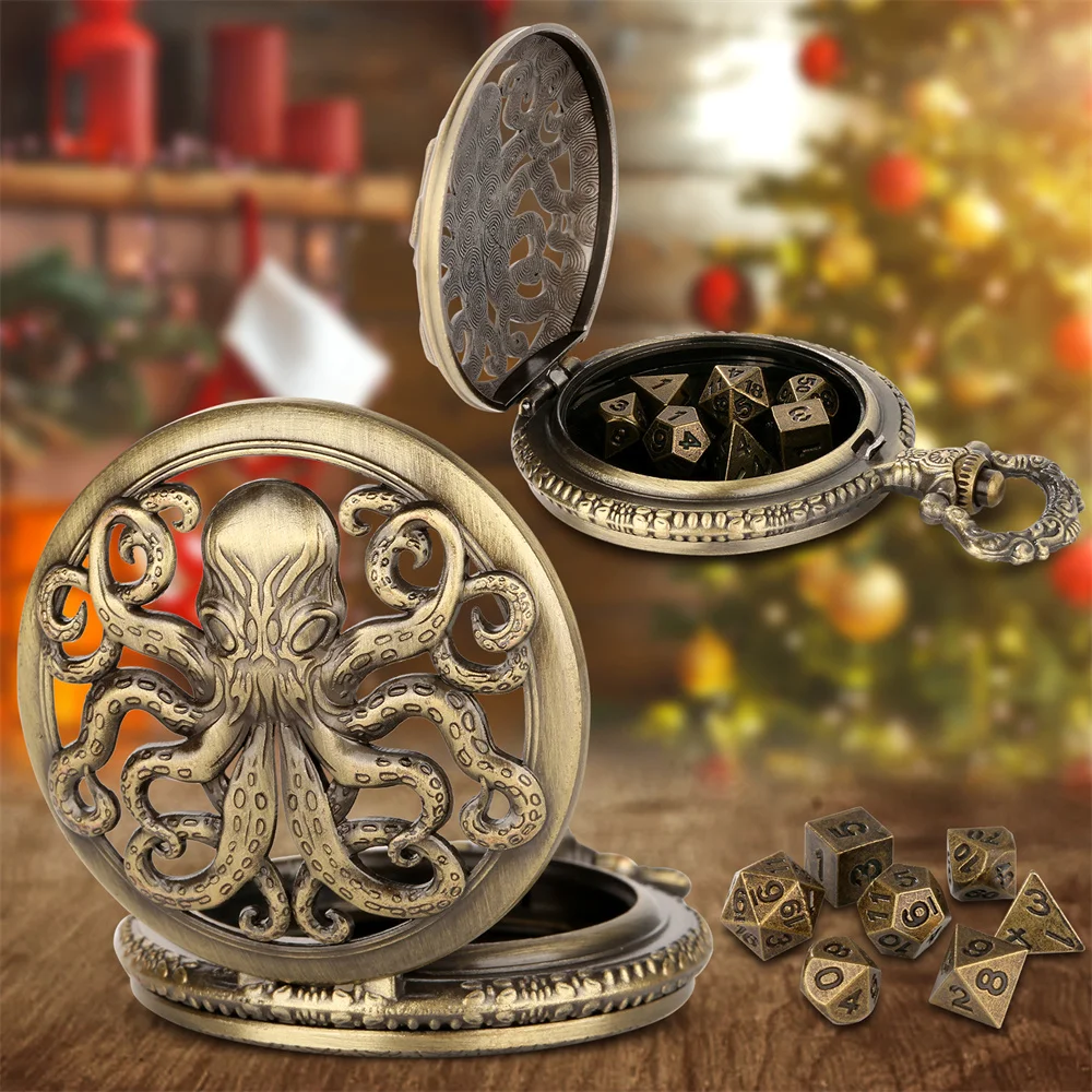 Bronze/Grey Black Octopus Half Hunter Pocket Watch Case with 7pcs Mini Polygon Dices Set Vintage Christmas Gift for Dices Lovers